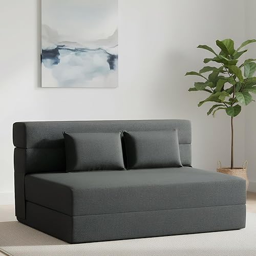 FILUXE Convertible Folding Sofa Bed - Sleeper Chair with Pillow, Modern Linen Fabric Floor & Futon Couch, Foldable Mattress for Living Room/Dorm/Guest Use/Home Office/Apartment, Queen Size, Dark Gray