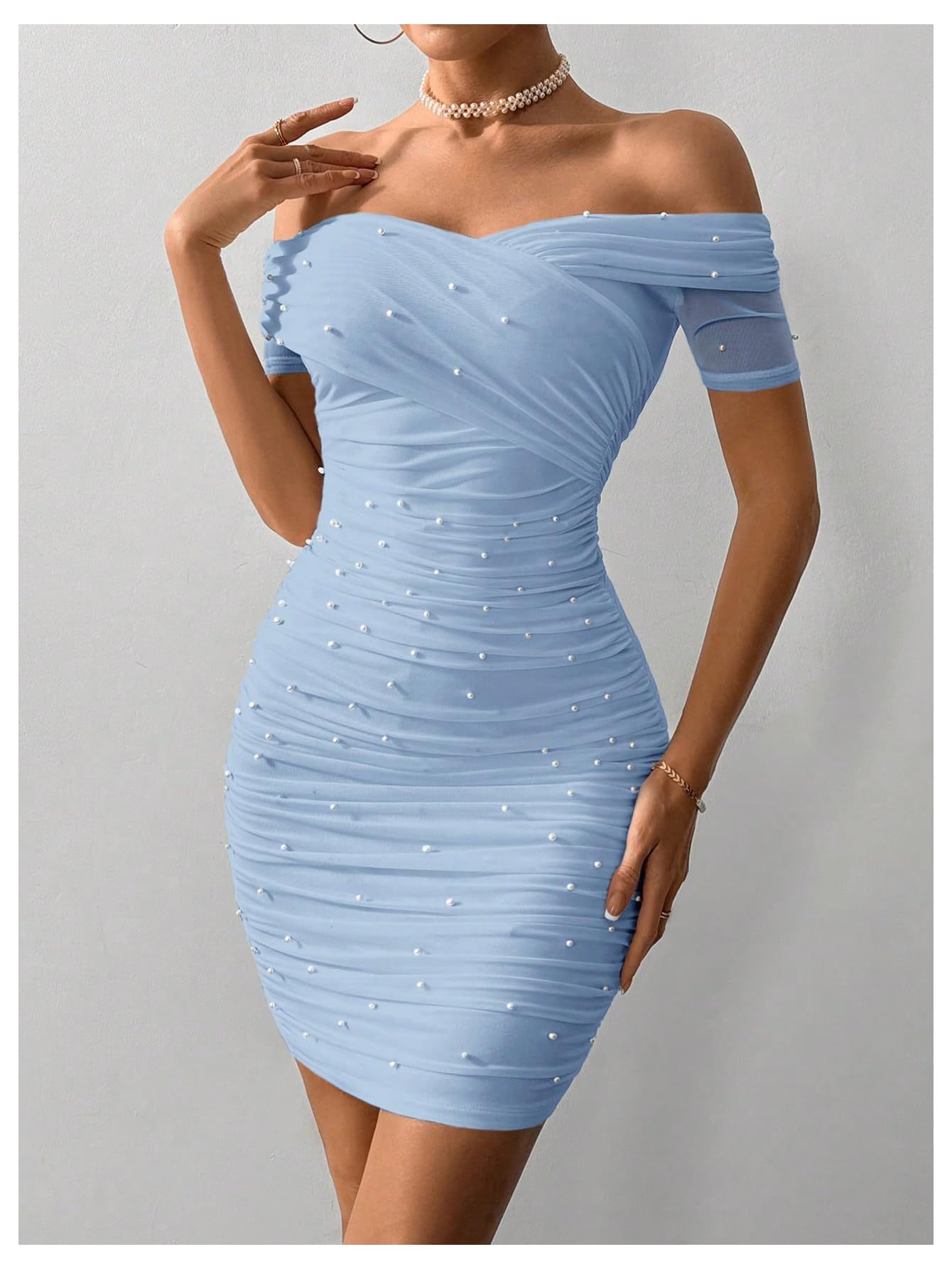 Floerns Vestido corto de manga corta con cuentas de perlas y hombros descubiertos para mujer, vestido de fiesta ajustado