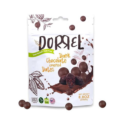 Dorrel Dátiles cubiertos de chocolate negro - Snacks nutritivos y dulces - Orgánico, vegano - Fuente de alta energía - Sin OMG - Kosher Pareve -