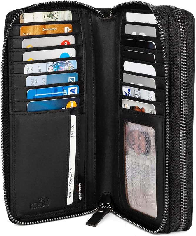 LEABAGS női nagy bőr pénztárca RFID védelemmel, 29 kártyatartó, dupla cipzár