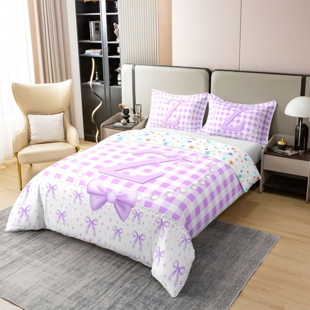 Erosebridal Purple Checkered Bow King 100% Cotton Duvet Cover for Girls