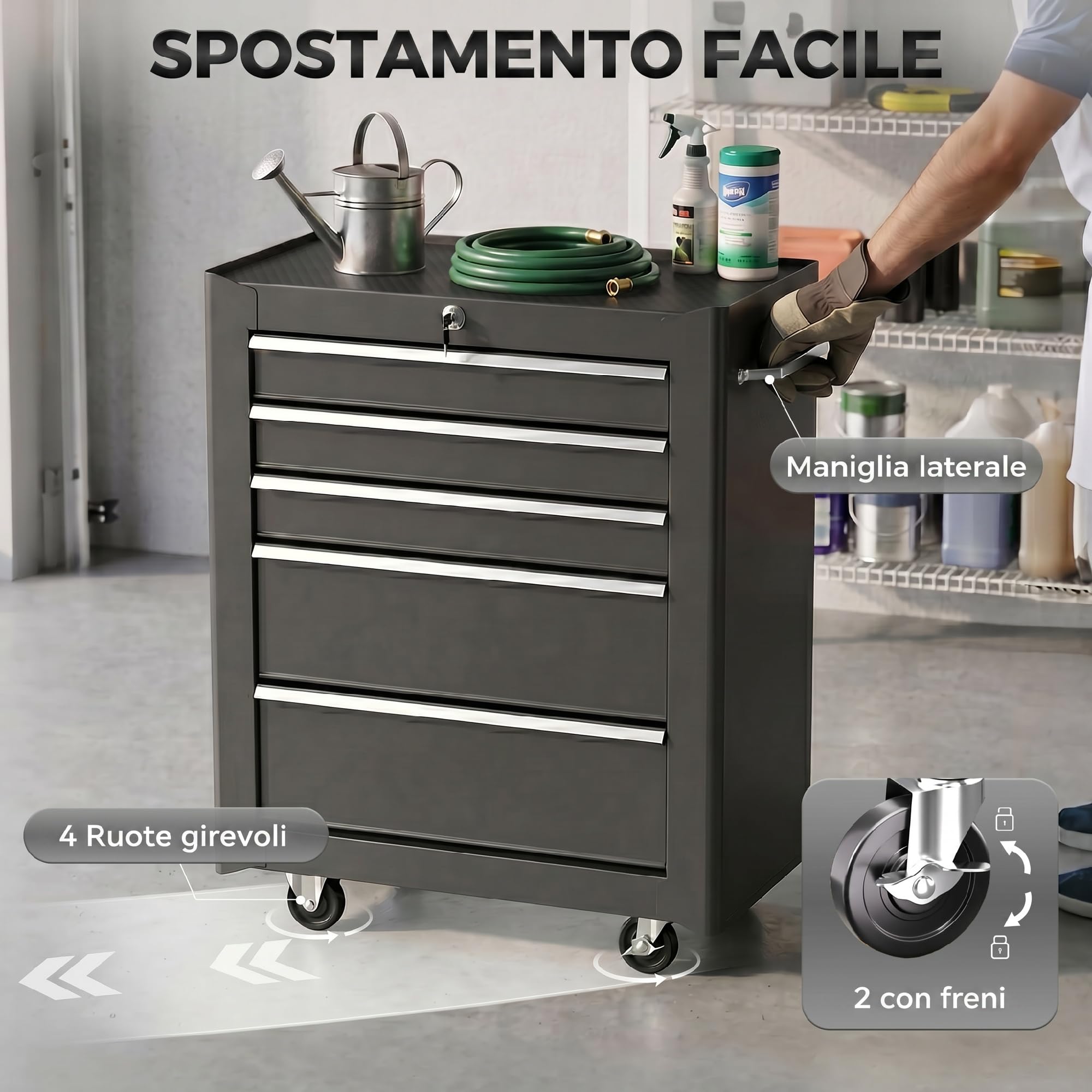 HOMCOM Carrello Porta Utensili con Cassettiera con Cassettiera Nero | Attrezzatura, 61.5x33x82.5cm