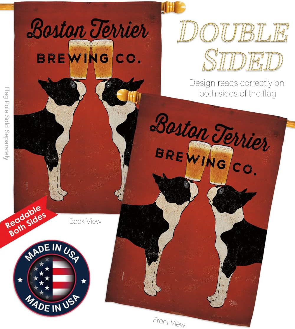 Breeze Decor H110117-BO Boston Terrier Brewing Nature Pets Decorative Vertical, House Flag 28"x 40", Multi-Color