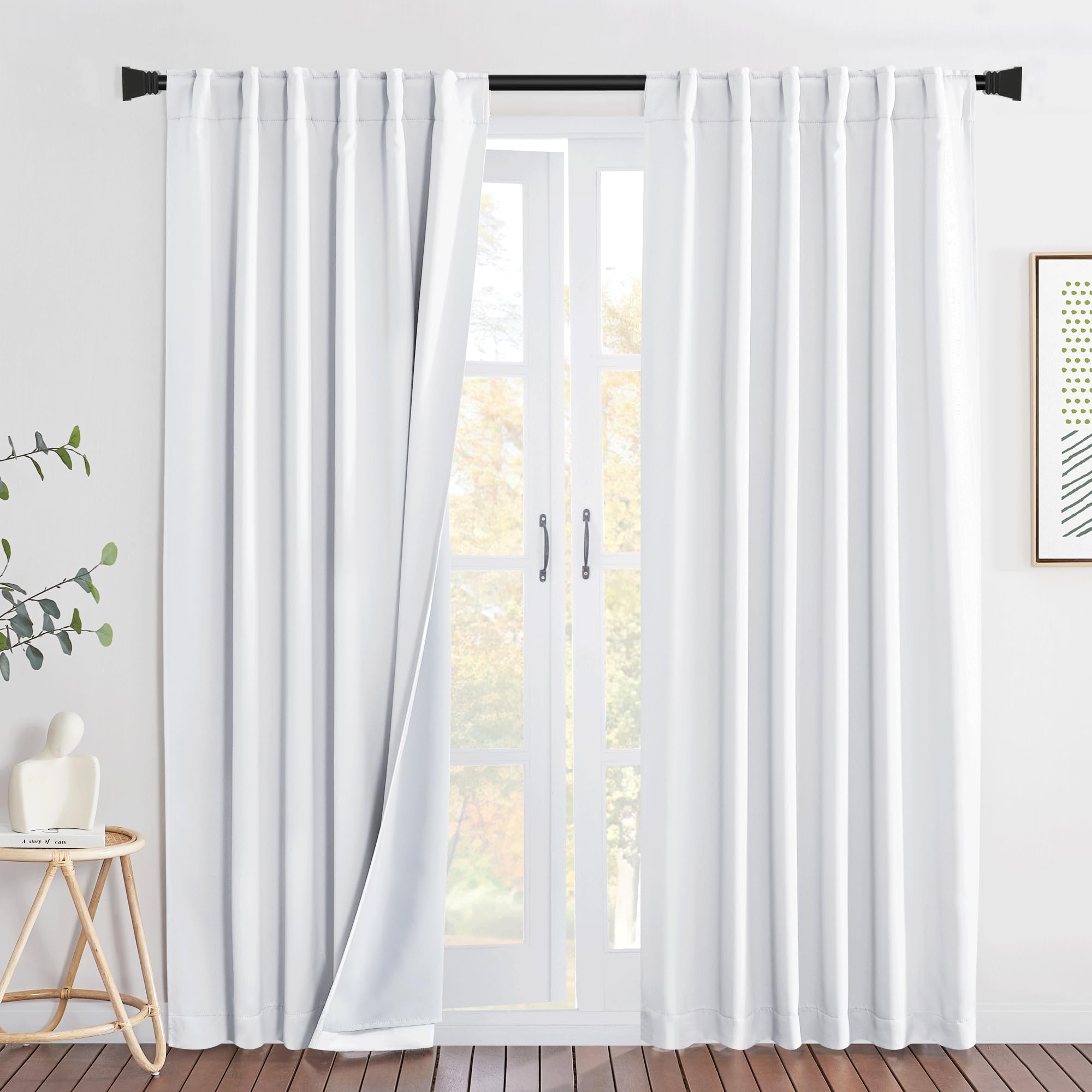 NICETOWN Sound Barrier 100% Blackout Divider Curtains 84" 2 Panels Set with Rod Pocket, Noise, Cold & Cold Blocking Patio Door Drapes with Felt Fabric Lining for Nursery/Daytime Sleep(White, 62" Wide)