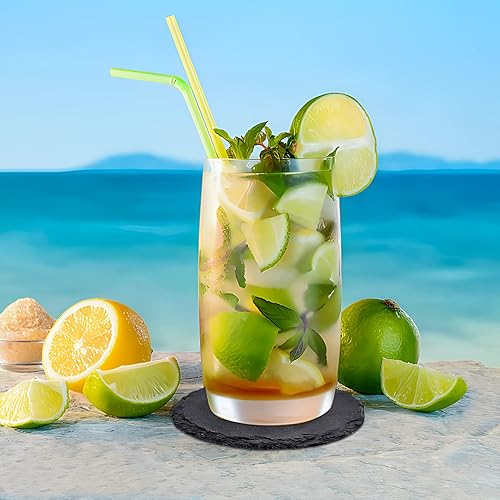 Miniatura 8 de Juego de 4 posavasos redondos de pizarra para bebidas, 4 pulgadas, grabado láser, posavasos de piedra de pizarra negra con parte inferior