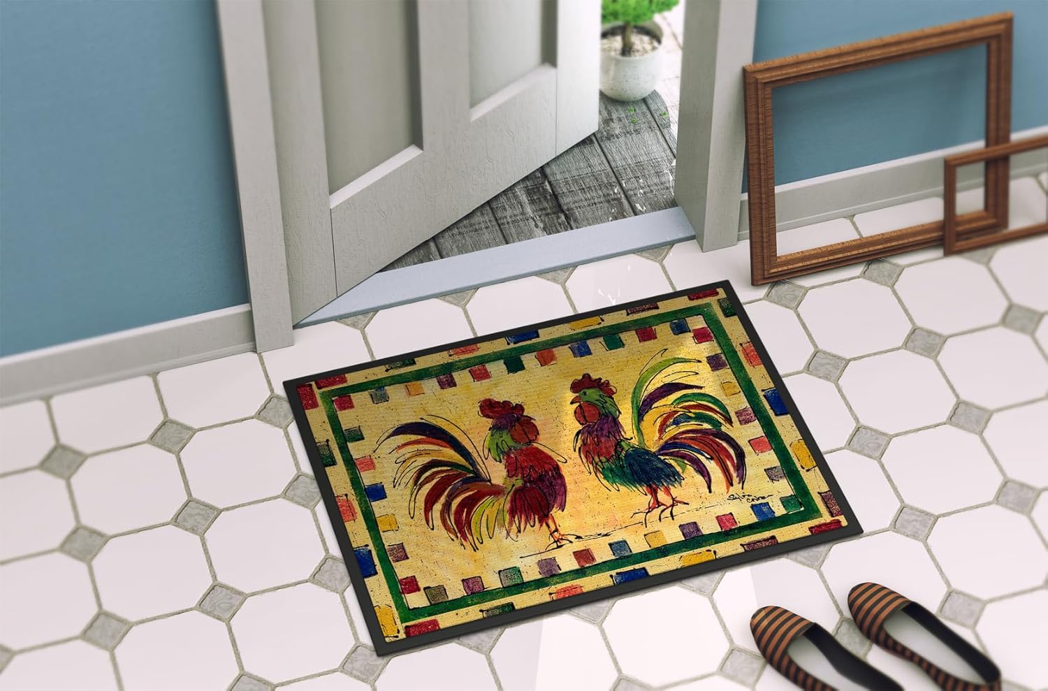 Caroline's Treasures 8062-MAT Bird - Rooster Doormat 18x27 Front Door Mat Indoor Outdoor Rugs for Entryway, Non Slip Washable Low Pile, 18H X 27W
