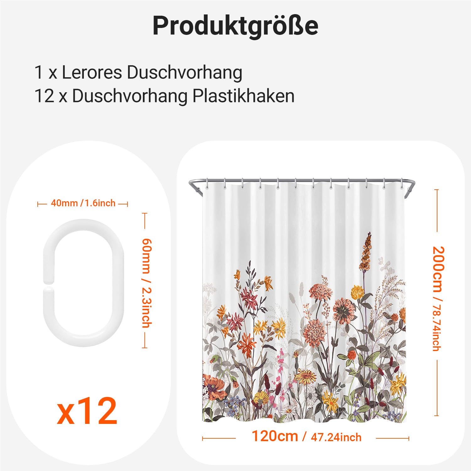 Lerores Shower Curtain, 120 x 200 cm, Mixed Flowers, Weighted Hem, Anti-Mould, Water-Repellent - Image 2