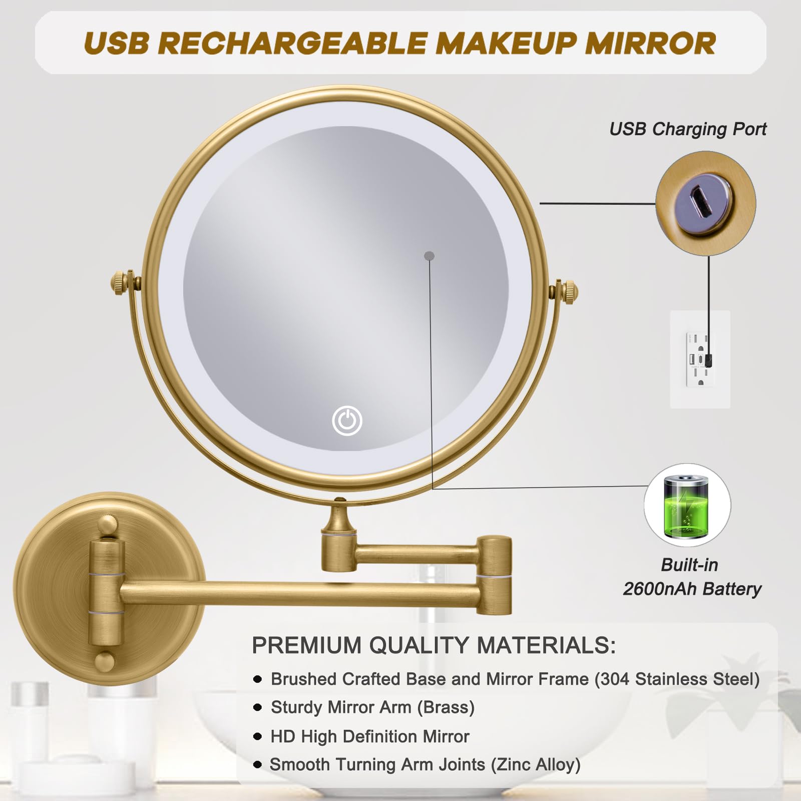 Specchio da trucco illuminato da parete, specchio da trucco ricaricabile da 20,3 cm con ingrandimento a doppia faccia 1X/10X, specchio cosmetico a LED in 3 colori con funzione di memoria