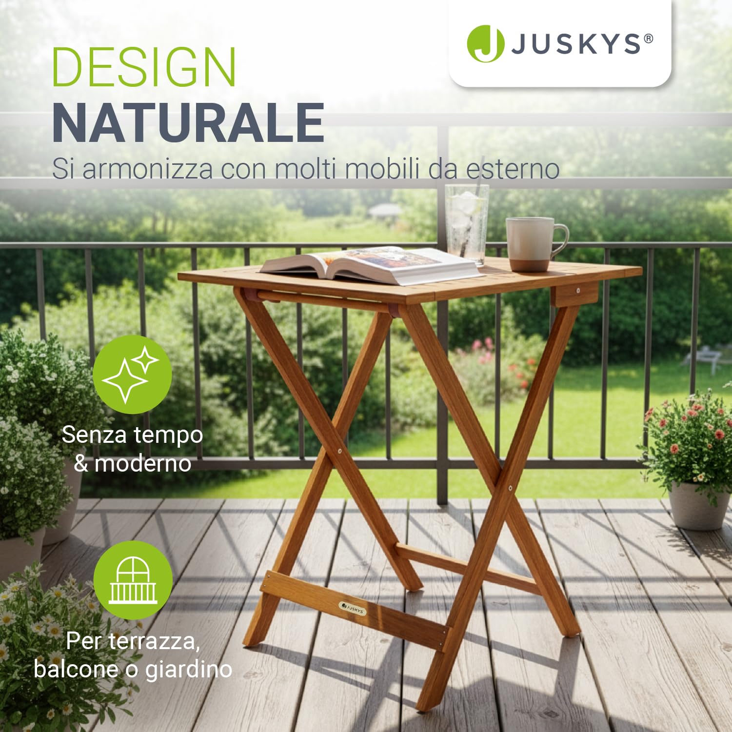 Juskys Tavolo laterale Zadar XL acacia mobile compatto richiudibile esterni 76x60x60 cm