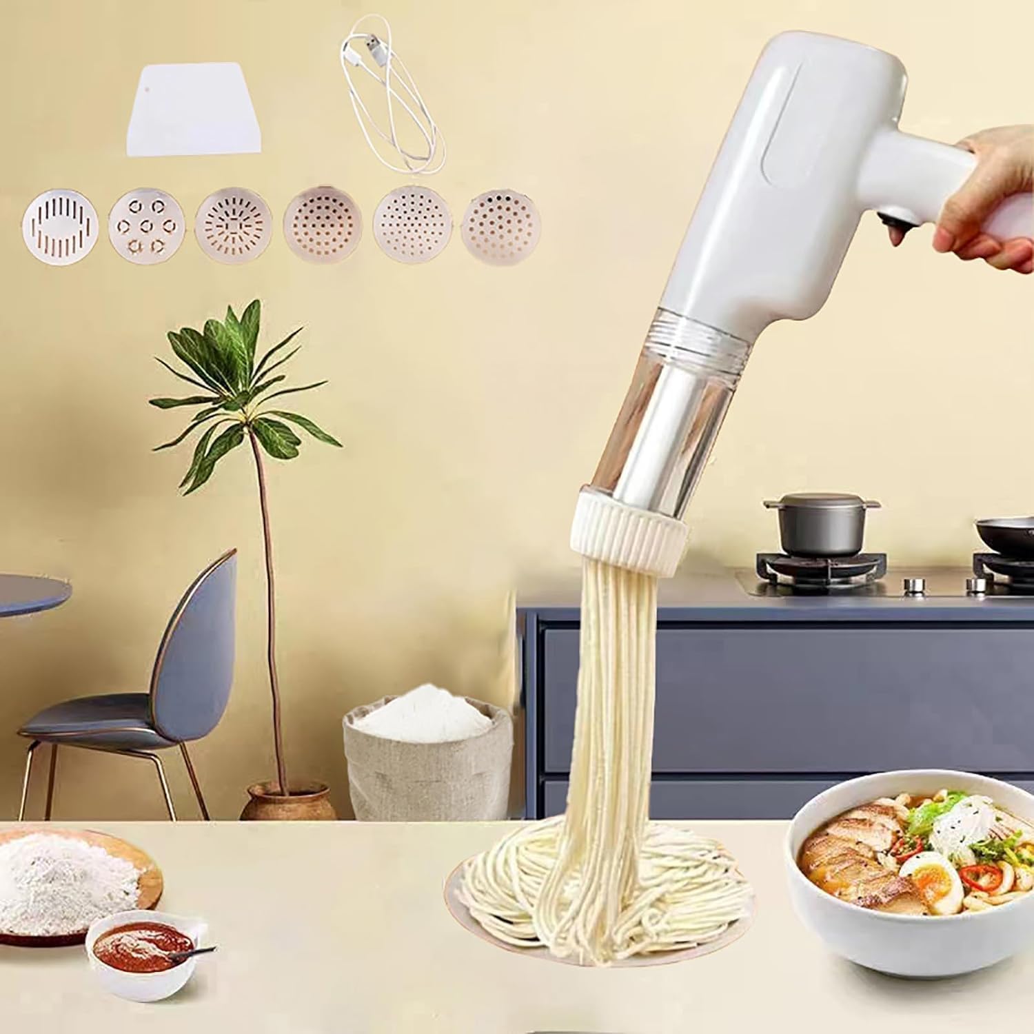 6-in-1 Cordless Electric Pasta Maker Machine, USB Rechargeable Handheld Noodle Maker with 5 Stainless Steel Moulds for Spaghetti, Ramen & Homemade Pasta-image-37