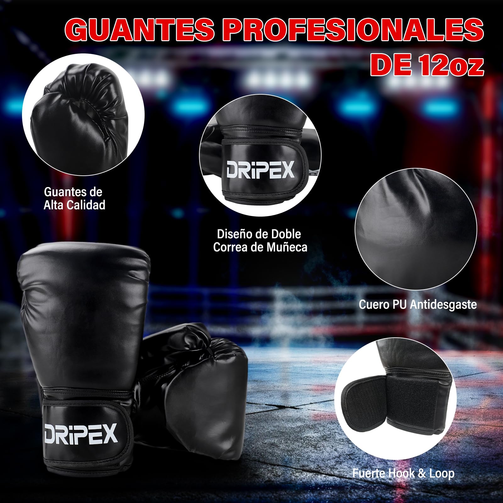 Dripex Saco de Boxeo Colgante para Adultos, Equipo de Entrenamiento de Saco Boxeo con 12oz Guantes, Cadena de Acero Giratoria de 360° para Kárate Kickboxing Muay Gimnasio en Casa