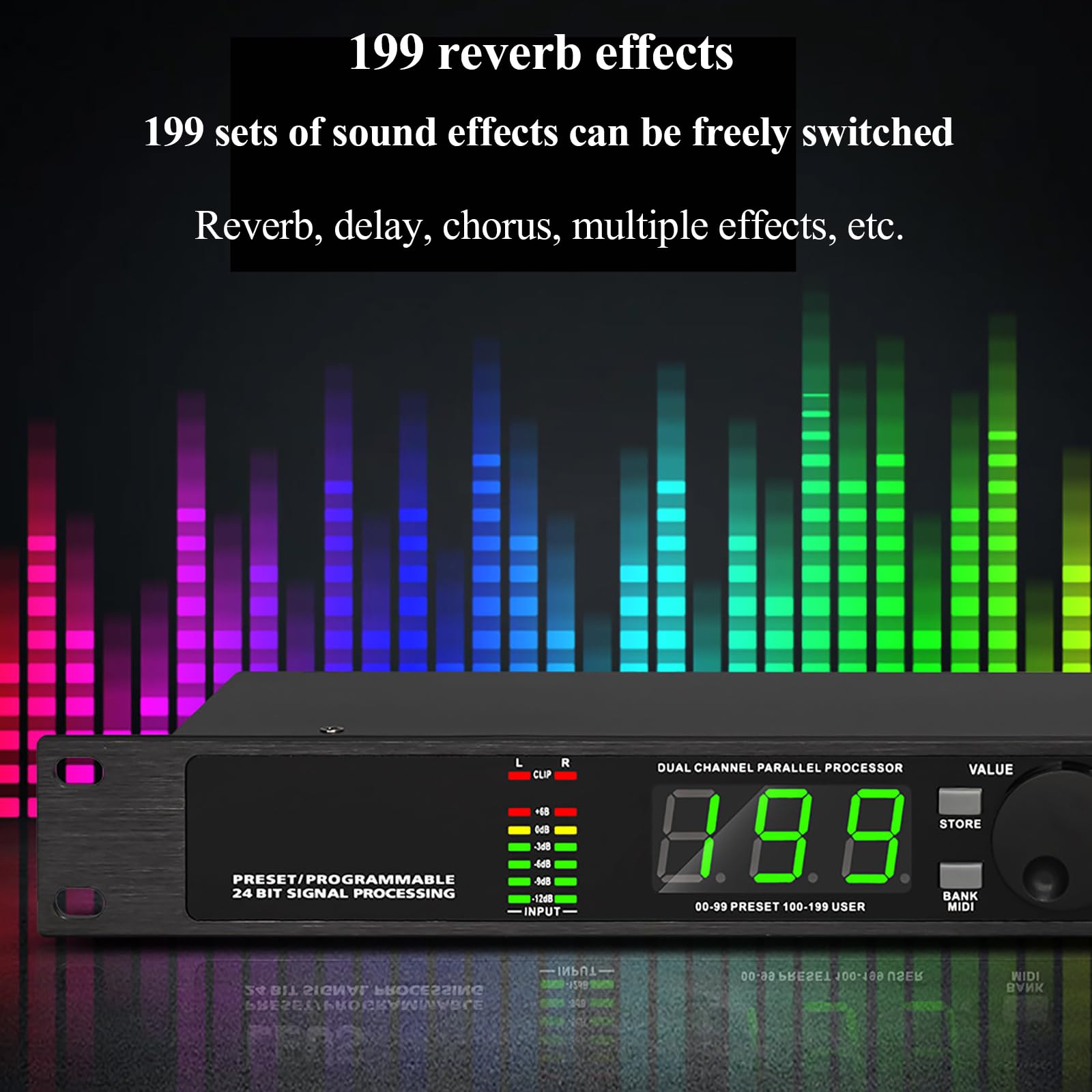 Ecualizador De Procesador De Audio, Procesador DSP De Reverberación Digital, Procesamiento De Señal Programable De 24 bits, 99 Programas Preestablecidos, Memoria para 199 Efectos De Sonido