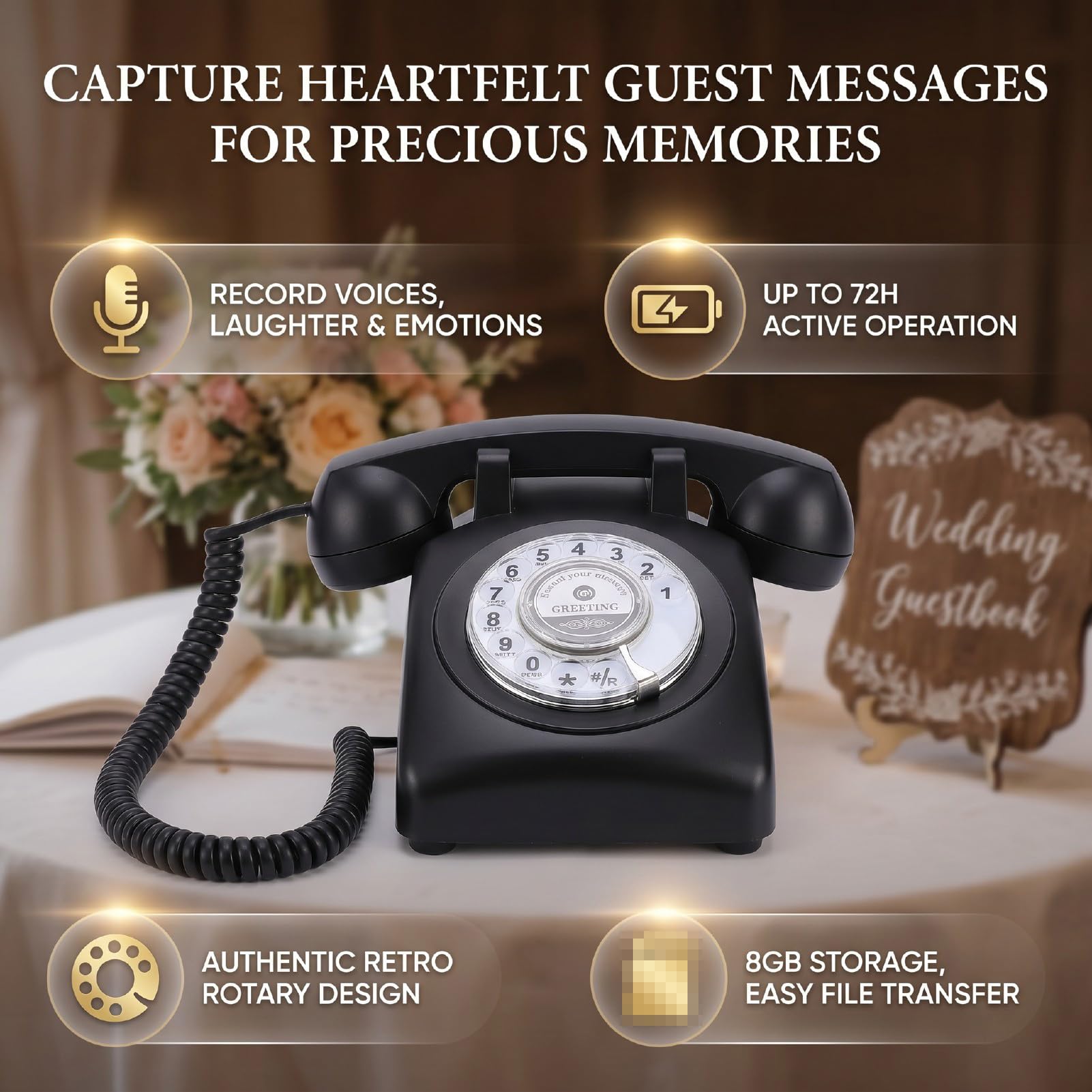 Fockety Audio Gästebuch Telefon für Hochzeiten, 34,11 Oz (Black) | Vintage Drehscheibentelefon mit Sprachaufzeichnung, 8 GB Speicher, 120 Stunden Aufnahmezeit für Geburtstagsfeiern