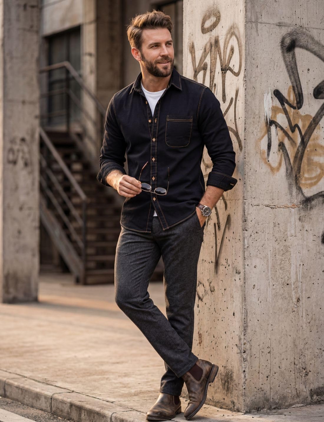 Kinkia Mens Denim Shirt Long Sleeve Regular Fit Jean Shirts Casual Button Down Work Shirts with Pocket