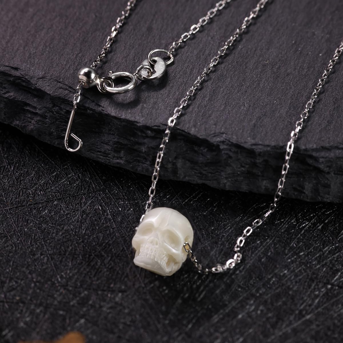 Minimalist Pearl Skull Necklace, Pearl Skull Pendant 925 Sterling Silver Necklace for Her, Gift for Women
