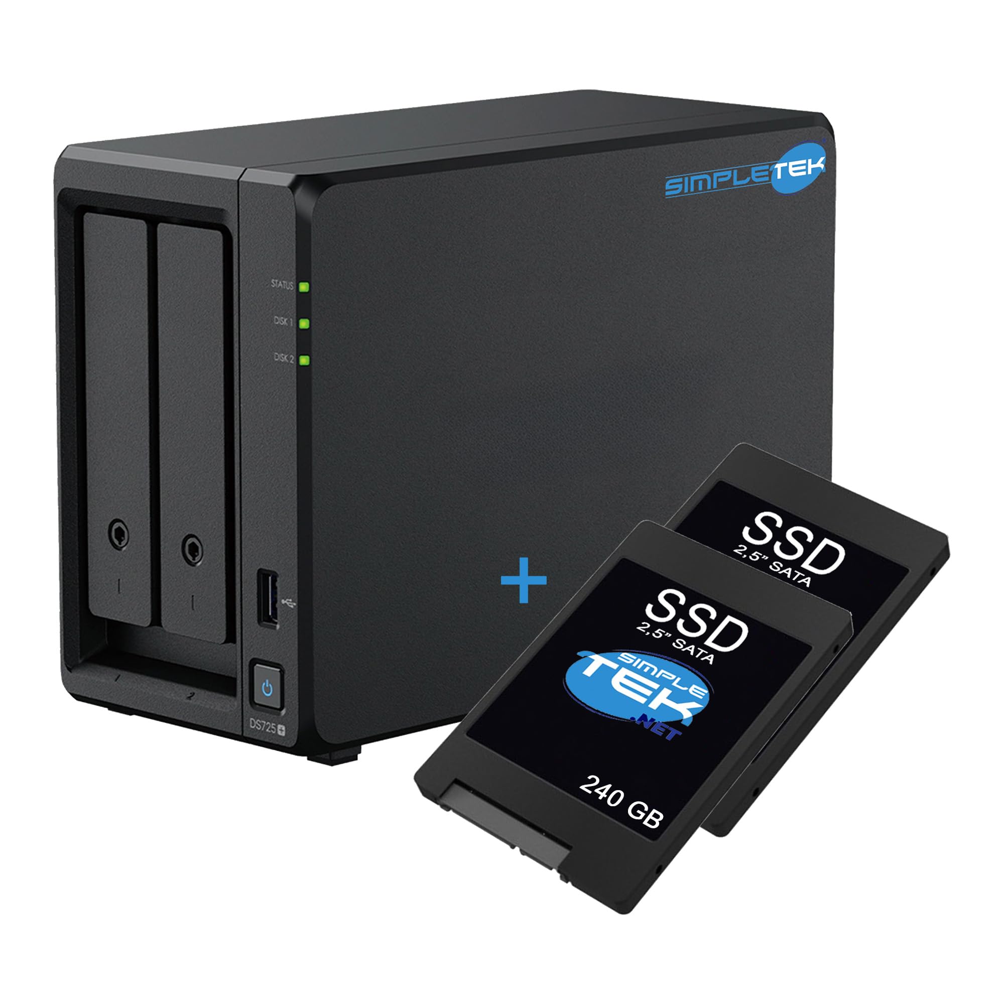 SIMPLETEK - Profesjonalny 2-komorowy serwer NAS - 4 GB RAM DDR4 ECC - w zestawie 2 x 2 x 240 GB SSD - 2 wbudowane gniazda M.2 NVMe - Port LAN 2.5 GbE