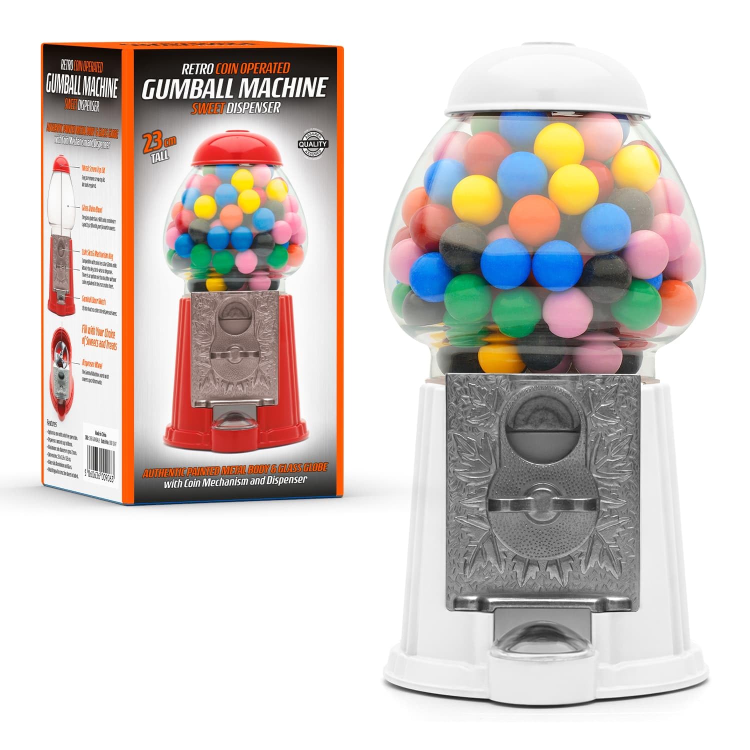 CKB LTD Gumball Machine Retro Sweet Dispenser Storage Piggy Bank Money Box Coin Operated Saver H23cm (Small Size 23 x 12.5 x 11.5cm) (White)
