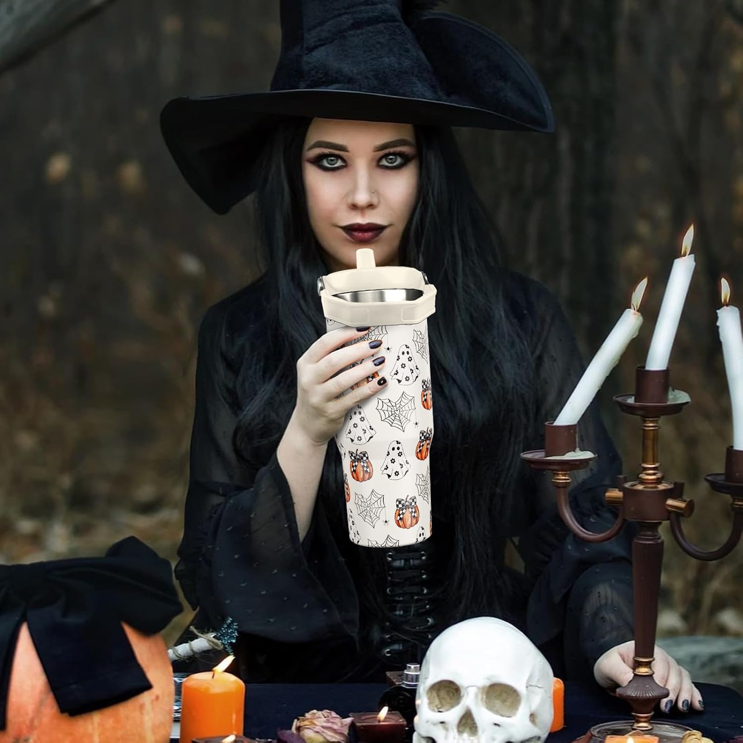 30 oz Halloween Tumbler with Lid and Straw, Ghost Pumpkin Bow Tumbler Insulated Coffee Travel Mugs Cup Water Bottle Cute Halloween Gifts for Women Girls - Image 3