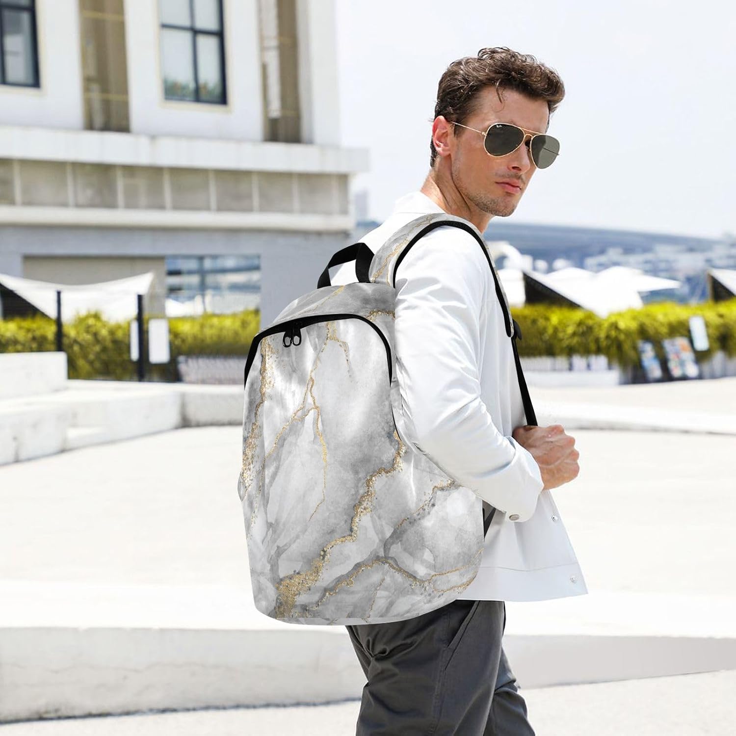 Travel Backpack for Women Laptop Bag Work Fashion Design Daypack White Marble with Gold Veins Large Lightweight Outdoor Casual