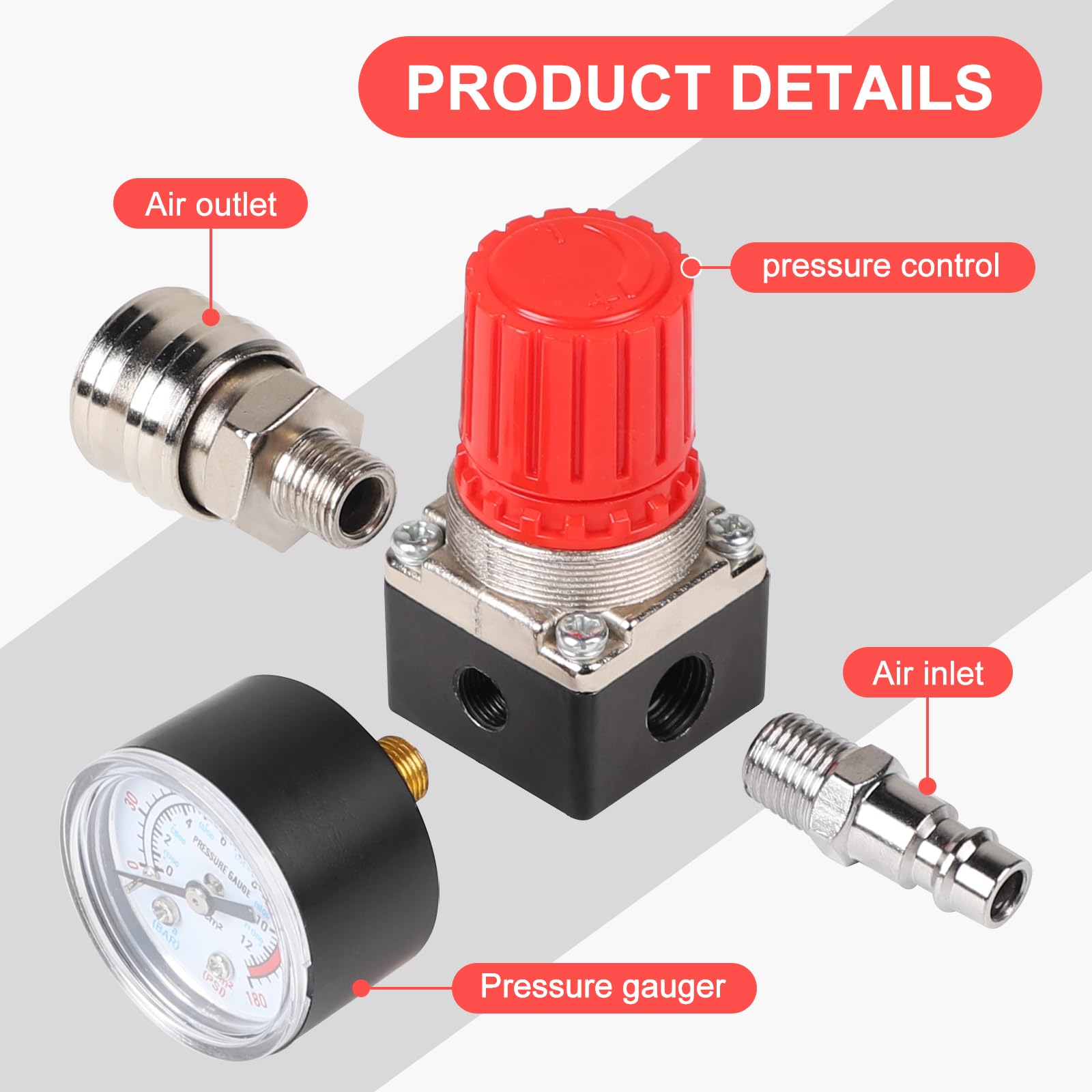 CPROSP Pressure Regulator Compressed Air 1/4 Inch 3 Holes with Teflon Tape and Pressure Gauge - Image 2