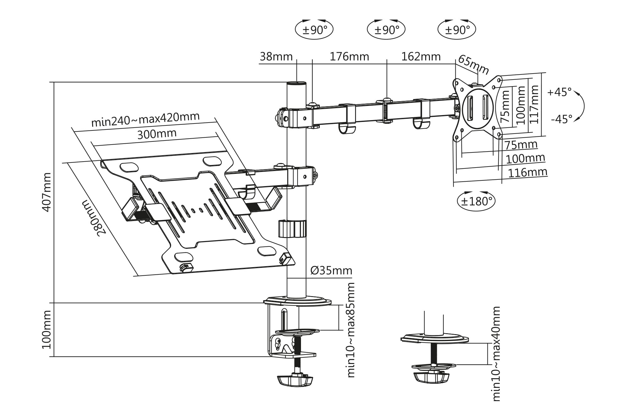 DIGITUS Support écran - Pince de table - Support pour ordinateur portable - 1 écran - Jusqu'à 32 pouces - VESA 75x75, 100x100 - Noir
