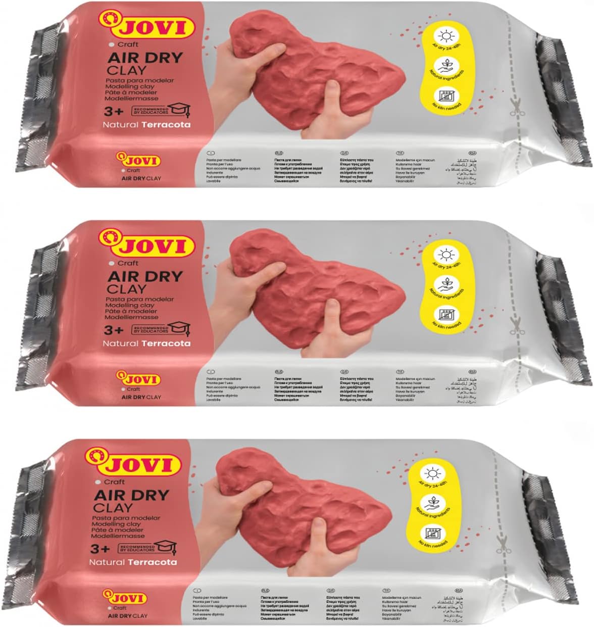 Jovi European Air-Dry Modeling Natural Terracotta Clay 3 Packets - Each Pack of 250 Grams for Sculpting Pottery Art & Craft Handicraft Educational Purpose Fine Motor Skills