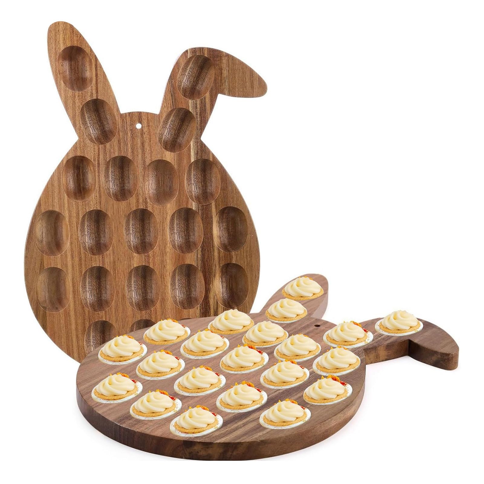 Glifora Easter Deviled Egg Platter - Bunny Shape Wooden Serving Tray, 21 Holes Deviled Eggs Holder, Serving Platter for Easter Party and Spring Holiday