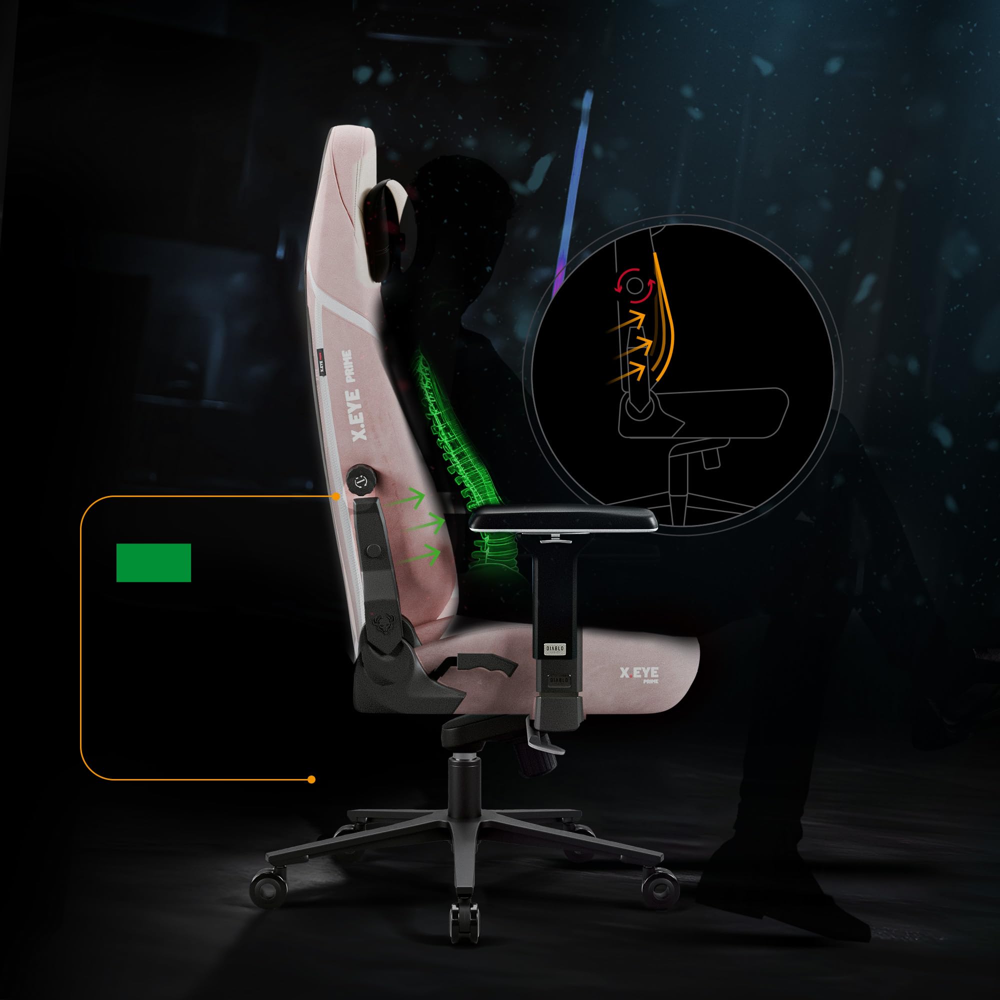 Diablo X-Eye Prime Fotel Gamingowy Ergonomiczny z Chłodzącym Siedziskiem, Magnetycznym Zagłówkiem Memory, Podparciem Lędźwi ProSpine i Podłokietnikami 4D - 140 kg - Akira Pink