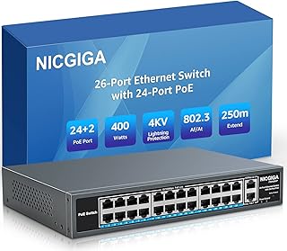 NICGIGA 26 Port PoE Switch with 24 Ports 10/100Mbps PoE+@400W, 2 Gigabit Uplink Ports, VLAN Mode, 19 inch RackMount, 802.3af/at,Plug and Play, Unmanaged Power over Ethernet Switch…