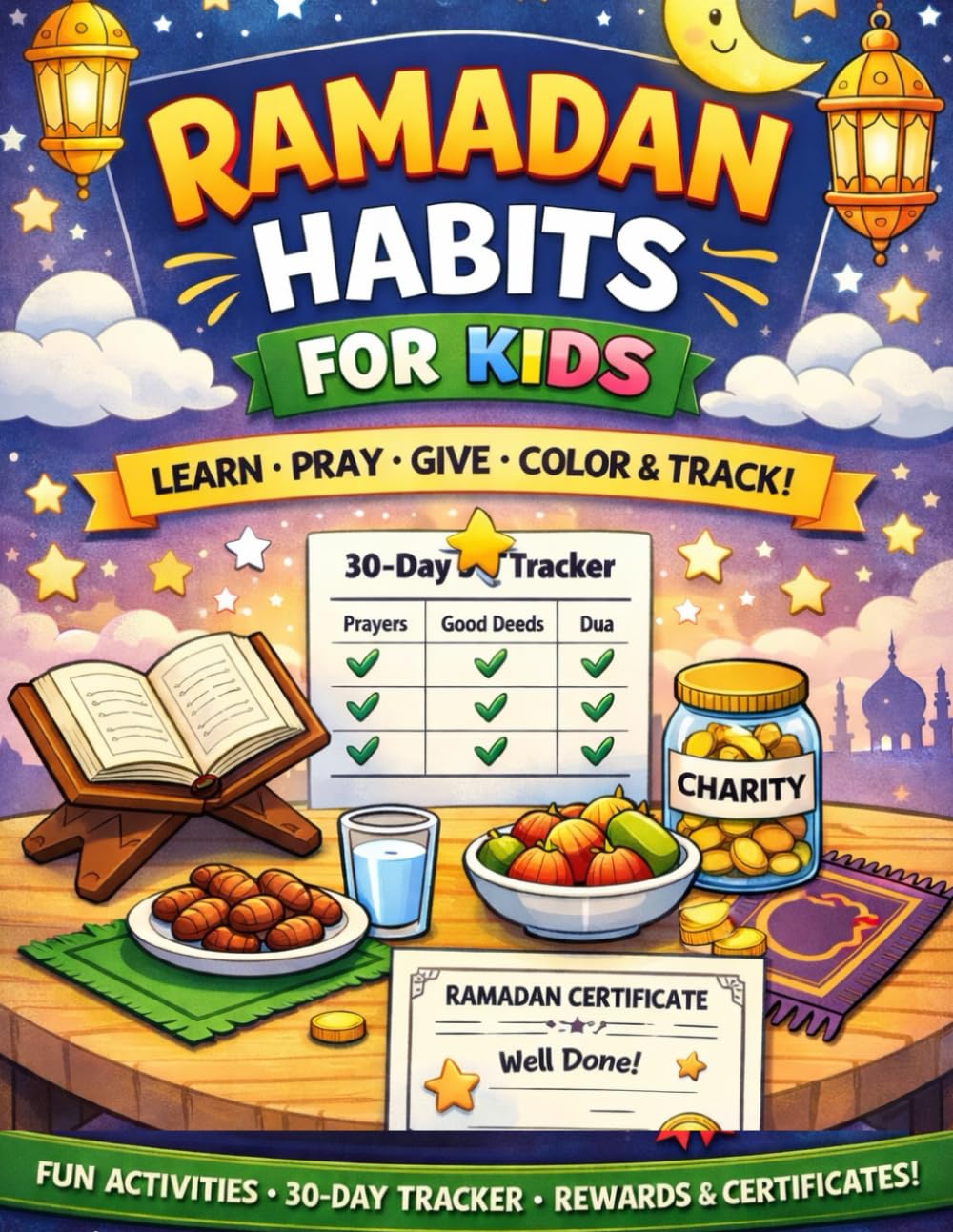 Ramadan Habits for Kids: A Fun Islamic Activity Book to Teach Prayer, Good Manners, Fasting & Good Deeds — With Coloring Pages, 30-Day Habit Tracker, Duas, Rewards & Certificates for Children Ages 4–8