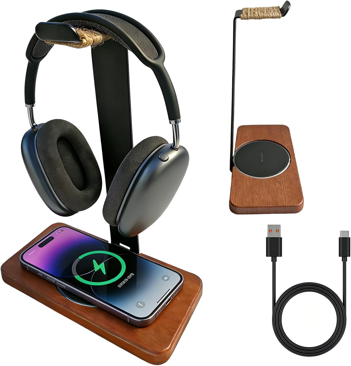 Handmade Solid Wood 2-in-1 Headset Stand with Wireless Charger 15W Max Fast,Wireless Charging Dock Compatible with iPhone 17/16/15/14 /Samsung Series,Universal Holder for All Desk Headphones