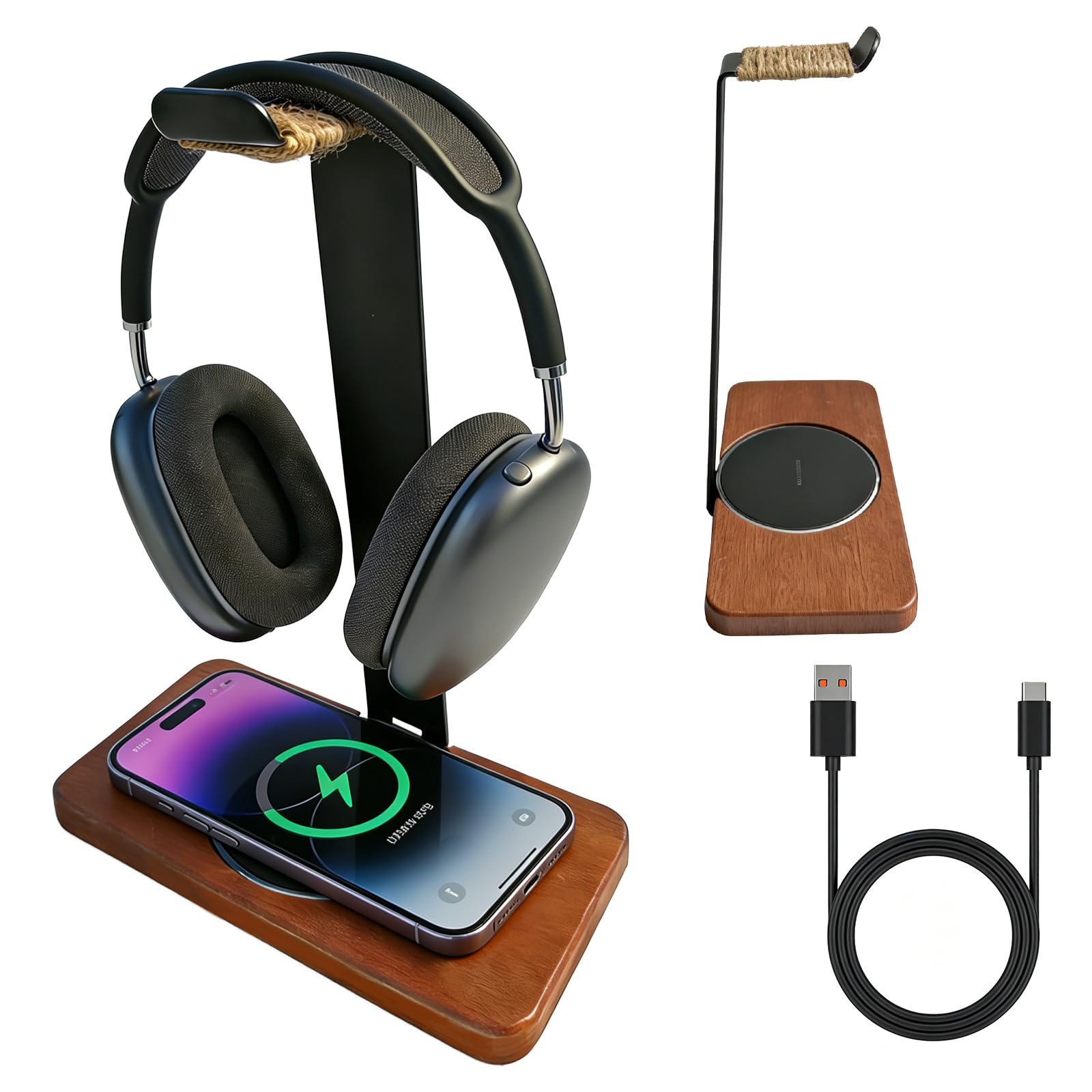 Solid Wooden Headphone Holder, Universal Headset Stand with Wireless Charger 15W Max Fast for Desk, Wireless Charger Headphone Holder for Gaming Desk Compatible with iPhone Samsung (Black)-image-43