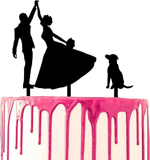 CARISPIBET Hochzeitstortenaufsatz, Bräutigam und Braut, die mit einem Hund an der Seite tanzen, Acryl-Silhouette