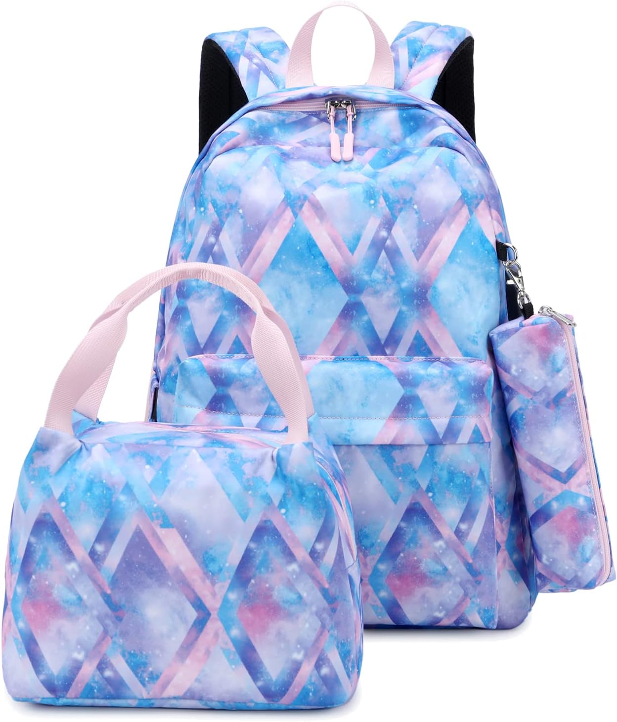 SIVENKERhombus Print Backpack for Teen Girls with Lunch Bag Pen Case 3pcs School Bag Set, 15.6in Laptop Daypack Bookbags with USB Charging Port