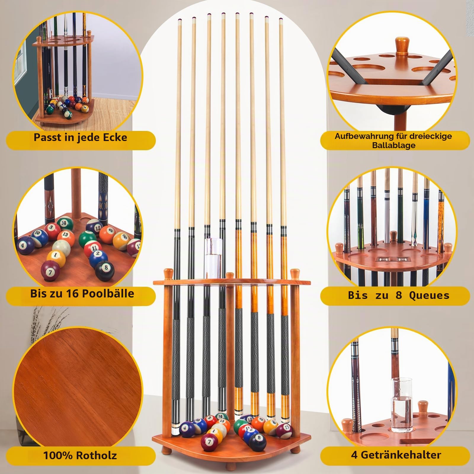 AKLOT Pool Queue Halter, Pool Queue Rack Billard Queue Racks mit Pool Stick Halter Getränkehalter 16 Kugelhalter hält 8 Sticks und komplettes Set Poolkugeln