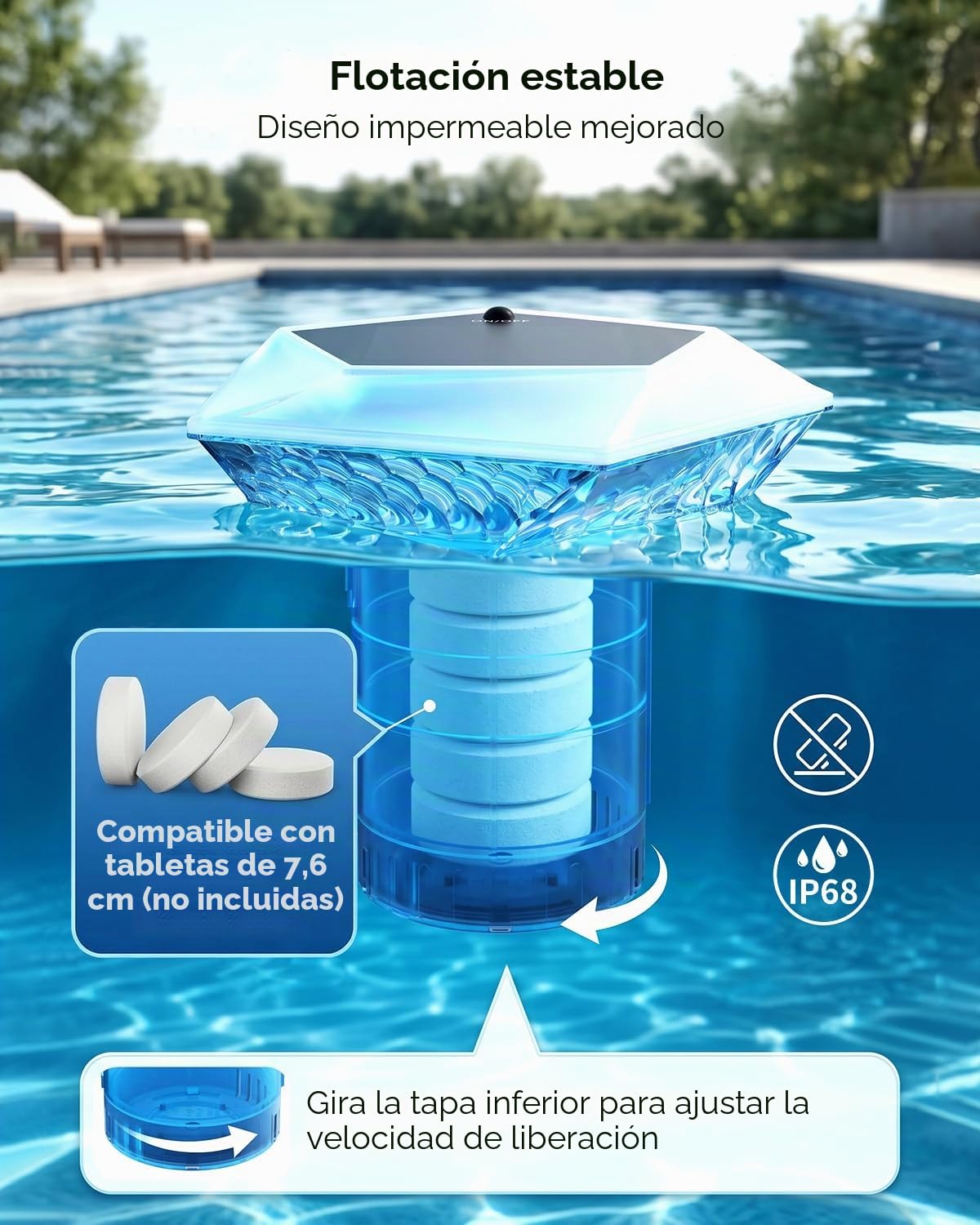 MYMULIKE Flotador dosificador para Piscina, Flotante Solar para tabletas de Cloro de 4 Pulgadas, dosificador de Cloro Grande para Piscina con iluminación de Piscina, dosificador de Cloro Ajustable