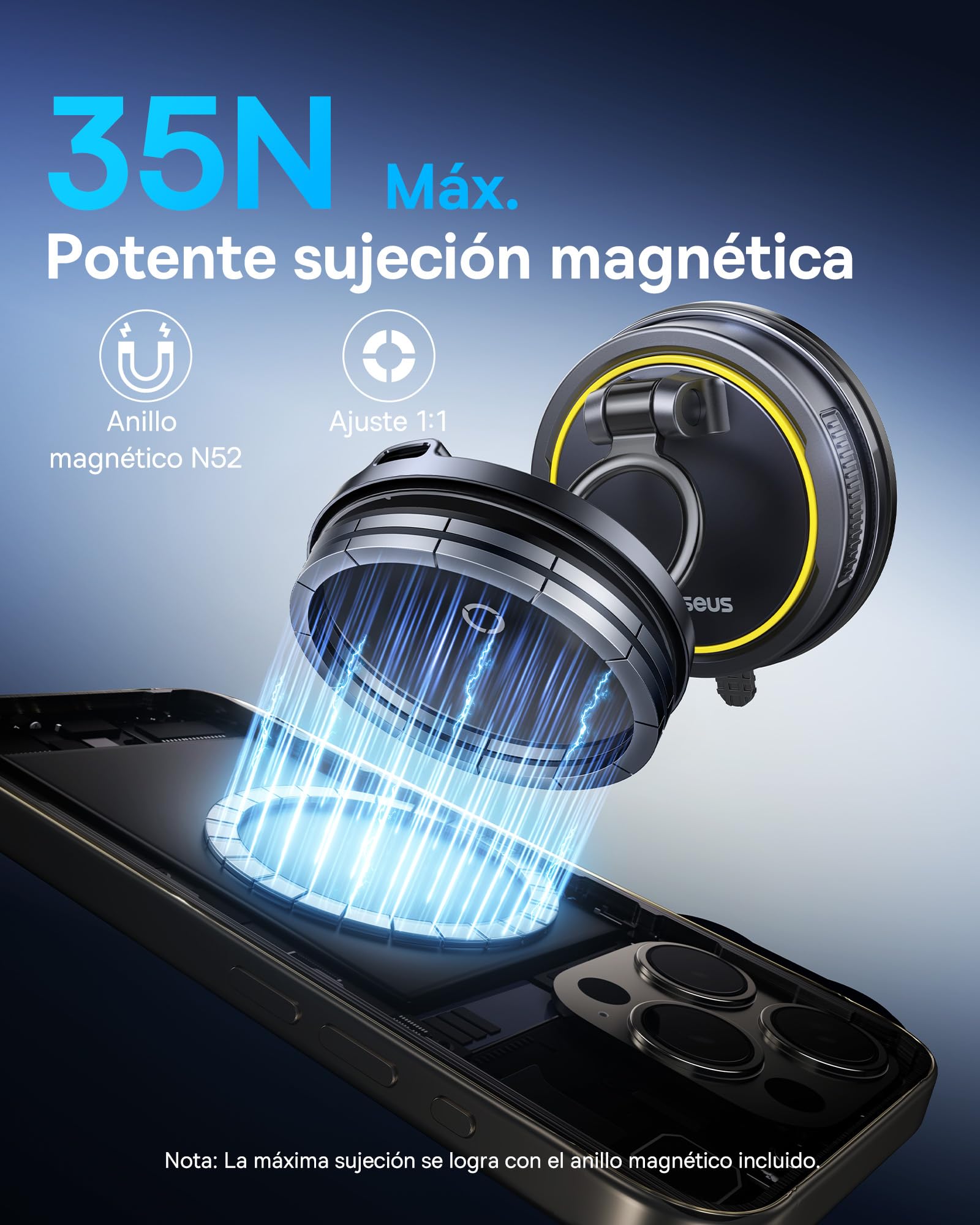 Baseus VC2 Flex Pro 15W Cargador Inalámbrico Coche, Soporte Teléfono Móvil para Coche con Función de Carga, Flexibilidad de 720°, Sujeción Magnética de 35N para iPhone 17-12 Serie, Samsung