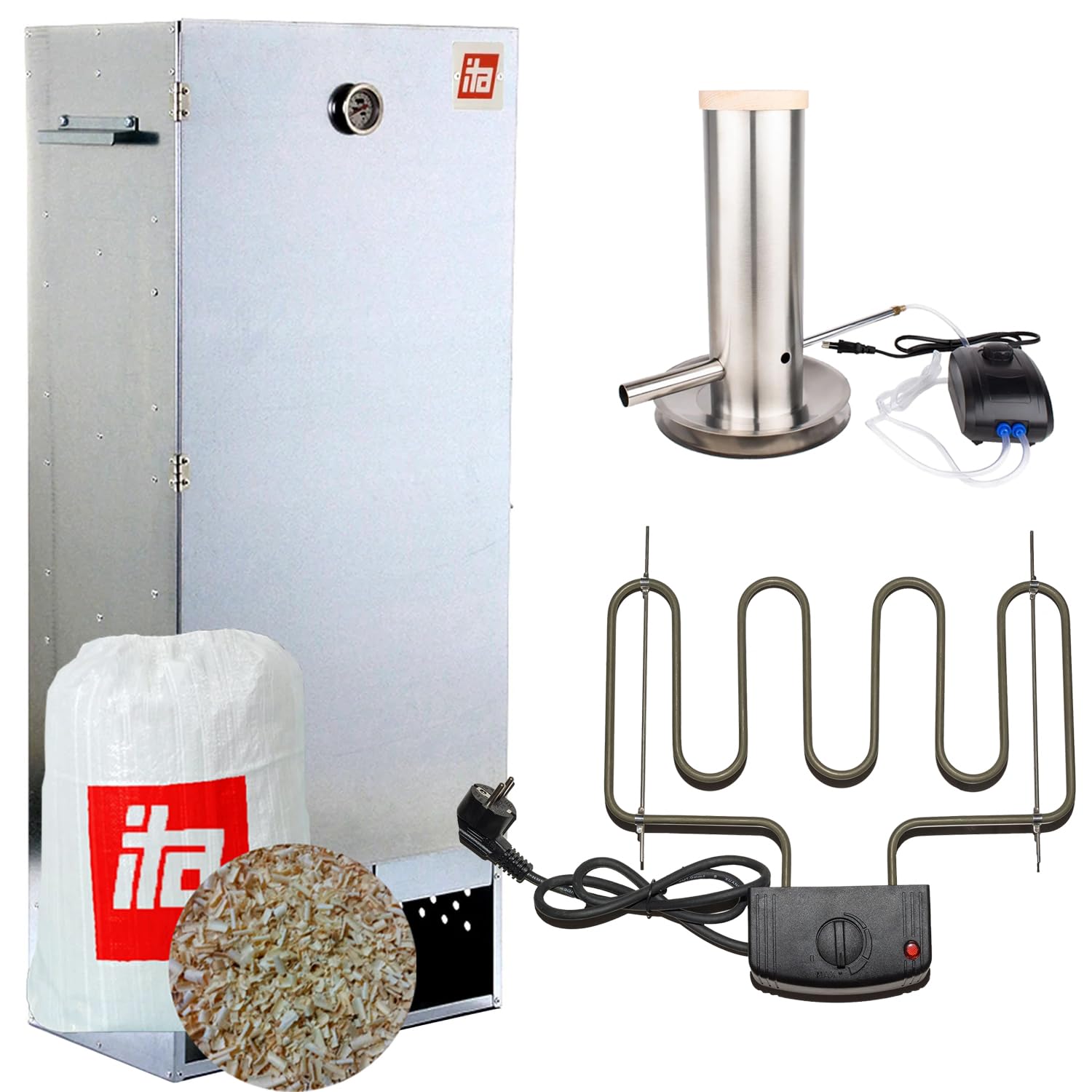 ITA Elektrischer Räucherofen 7003 - Smoker Set mit Heizung, Rauchgenerator - XL Räucherschrank mit Thermometer - Legierter Stahl - EU Qualität, Direkt vom Hersteller - 111 cm mit 4 Etagen