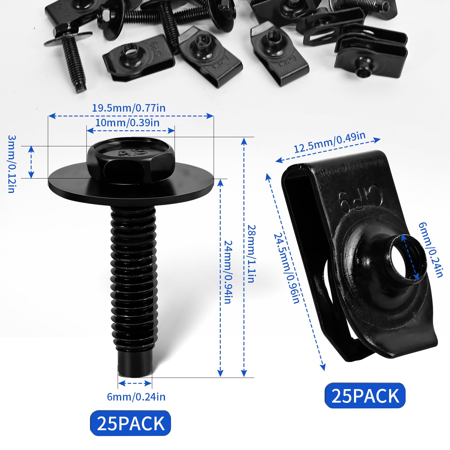 50Pack M6-1.0 U Clips Automotive Kit with Speed Nuts and Screw Clips - Universal Fender Liner Hex Head Screws for Engine Splash Shield (50Pack)