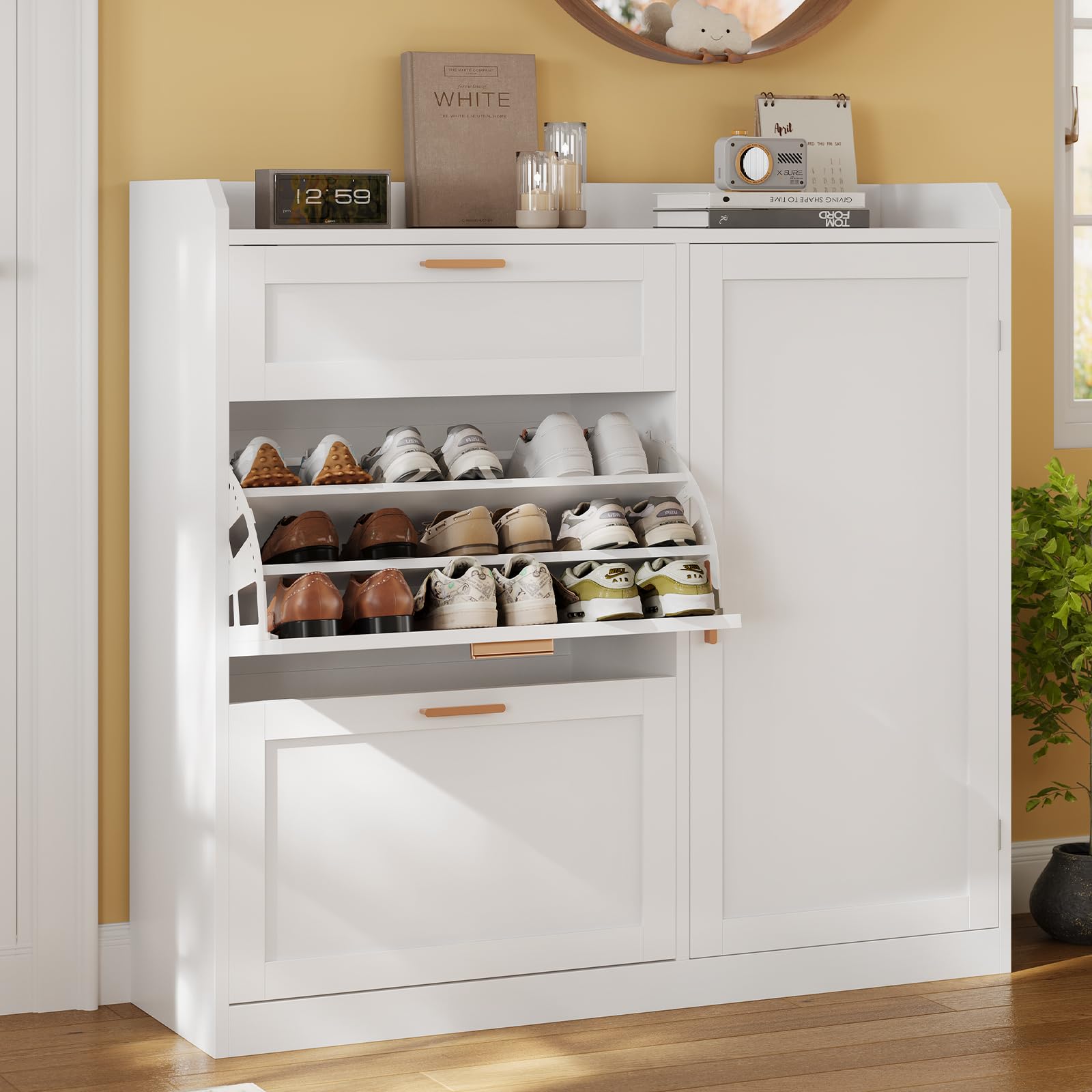 KIMENICH Scarpiera con 2 Scomparti a Ribalta, Scarpiera con 1 Cassetti, Mobiletto portaoggetti laterale, Divisorio Regolabile, per 12-15 Paia di Scarpe, Corridoio, Ingresso, 30 x 100 x 104 cm, Bianco