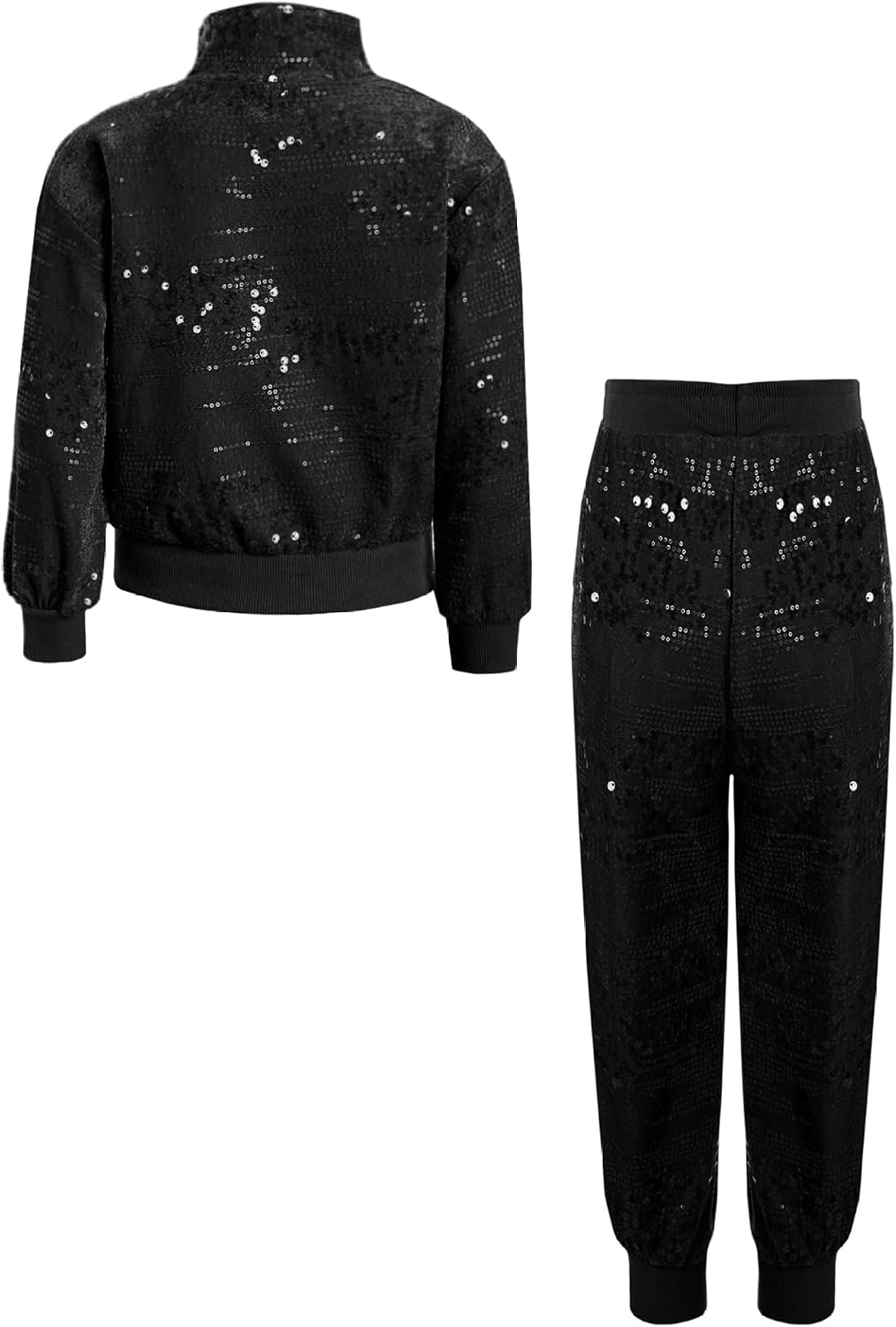 Kids Girls Sports Outfit Sparkly Velvet Tracksuit Set Long Sleeve Zipper Jacket with Elastic Waistband Pants Set