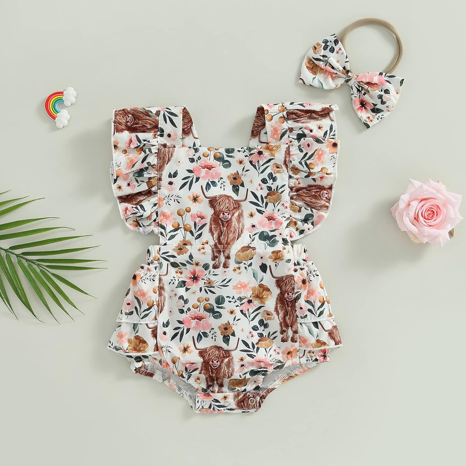 Karuedoo Western Baby Girl Clothes Cow Print Romper Ruffle Sleeveless Jumpsuit Bodysuit Headband Infant Cowgirl Outfit - Image 2