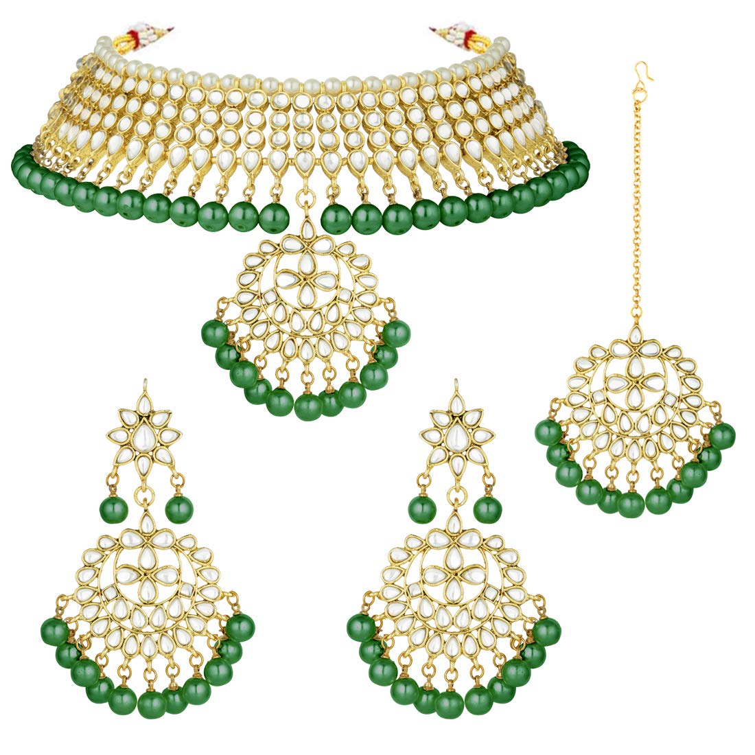 AheliFaux Kundan Necklace Earrings Maang Tikka Set Indian Ethnic Wedding Fashion Jewelry Set for Women