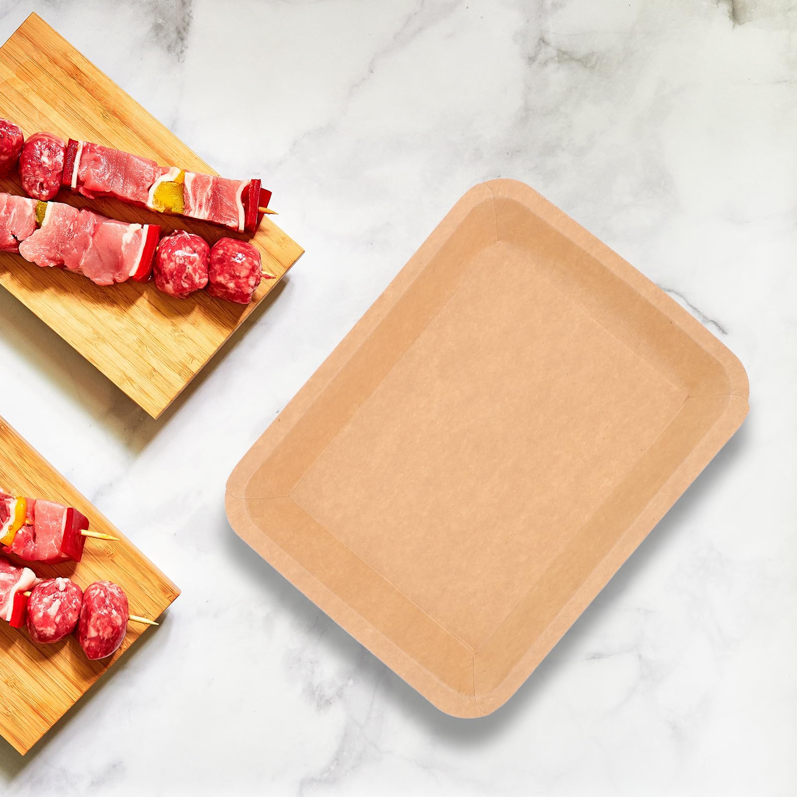 50 Bandejas Desechables para Barbacoa de Papel Kraft, Rectangulares Tamaño 2, Resistentes para Servir Mariscos y Cangrejos de Río en Fiestas y Restaurantes