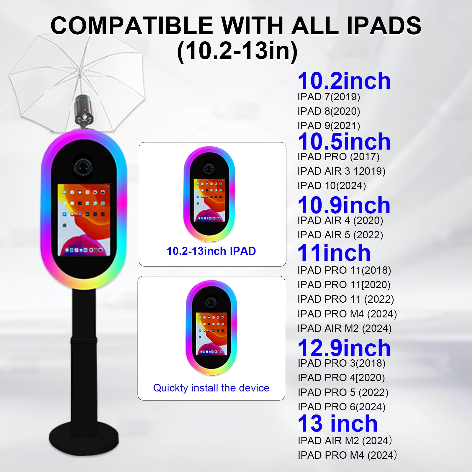 Cabina de Fotos Compatible con iPad Photobooth para luz RGB (10.2-13 Pulgadas) y Soporte de Piso para Linterna con Funda de Vuelo para Bodas, Eventos, cumpleaños (Blanco, máquina de fotomatón)