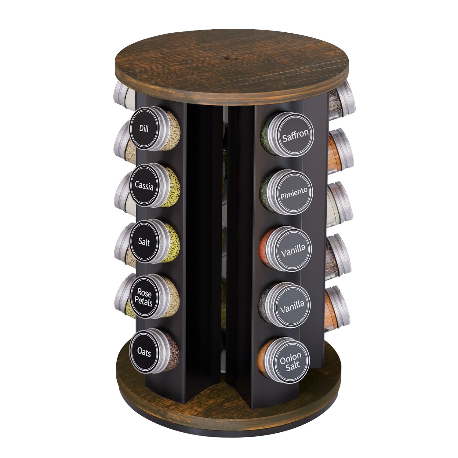 New England Stories Revolving Spice Rack Set with 25 Spice Jars, Kitchen Spice Tower Organizer for Countertop or Cabinet - Carousel Storage Includes 386 Spice Labels