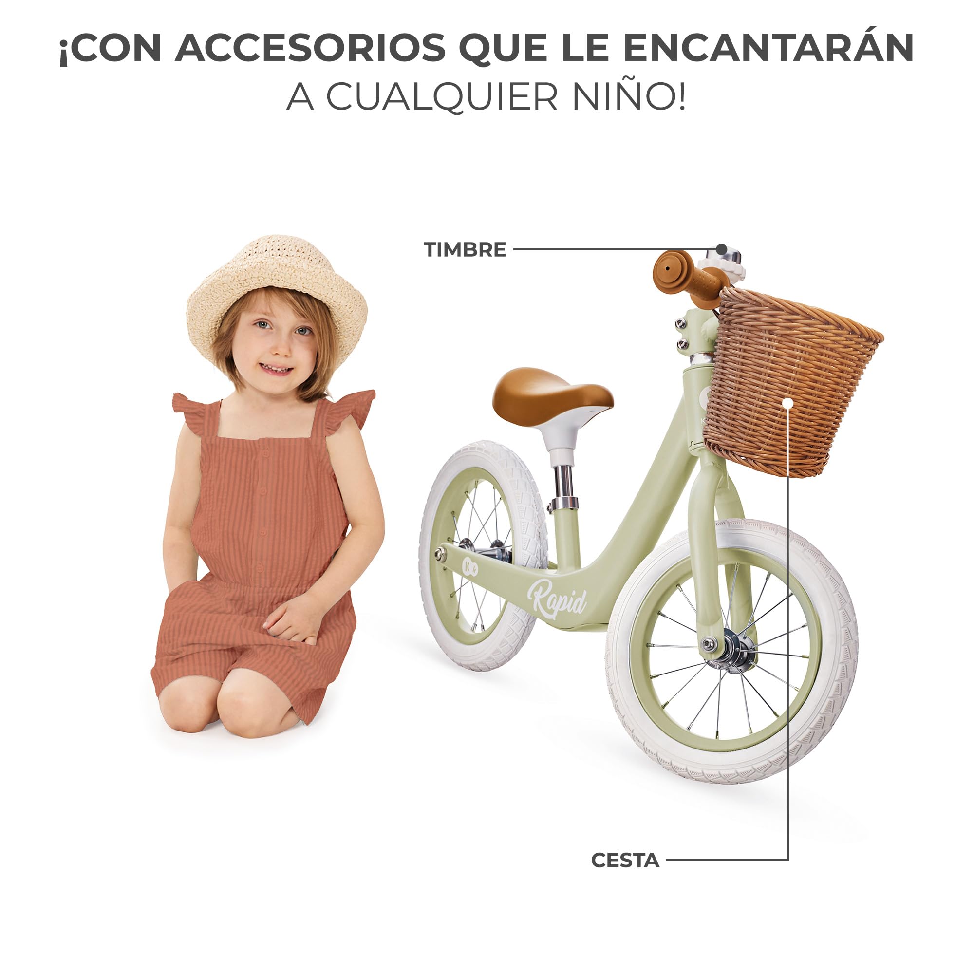 Kinderkraft Rapid 2 Bicicleta Sin Pedales Rapid, Bicicleta De Equilibrio, Partir 3 Años, Sólida, para los Niñas y Niños, Segura, Ajustable, Solo 3.7 kg, Retro