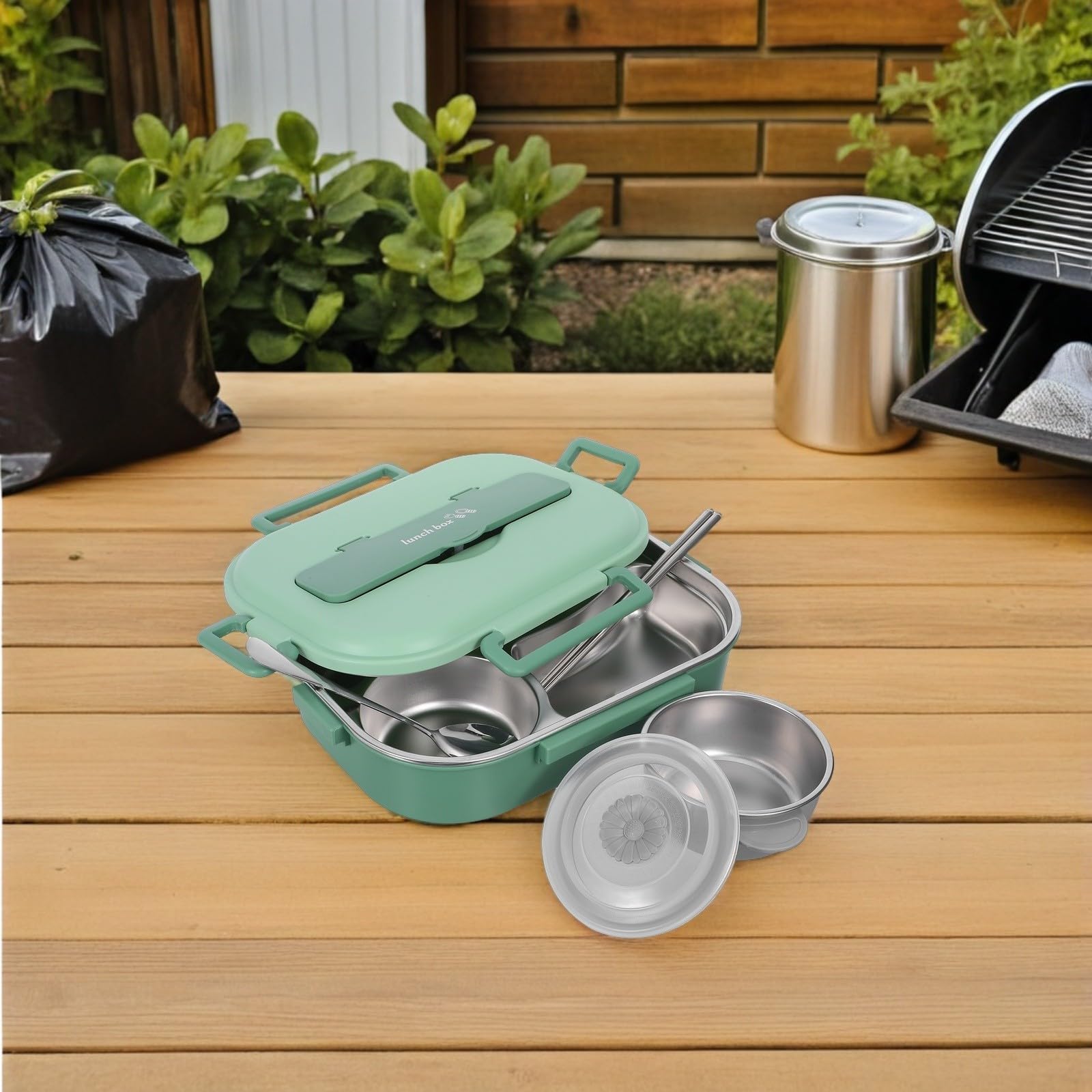 Lunch Box in Acciaio Inox con 4 Scomparti 1500ml Verde | Chiusura Robusta, Plastica e Acciaio Inox, per Lavoro e Uscite Lunghe, con Ciotola Zuppa e Posate