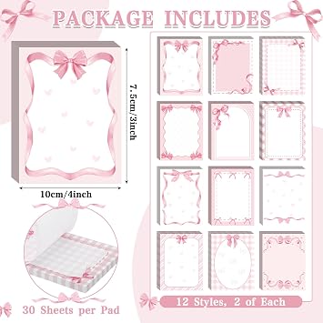 DERTE 24 PCS Pink Bow Sticky Notes Coquette Notepad Back to School Supplies