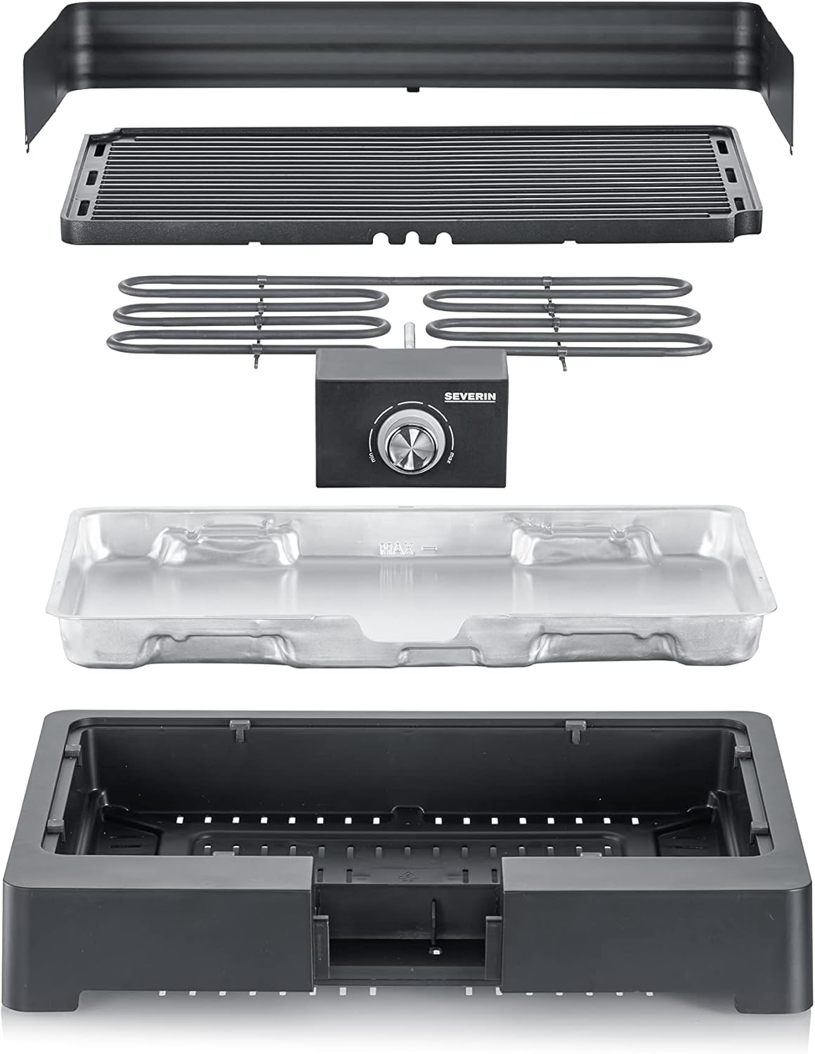 SEVERIN PG 8567 Barbecue elettrico 2200 Watt con piastra in alluminio pressofuso, Grill elettrico per interni ed esterni con luce LED, Griglia da tavolo o balcone, fumo e odori ridotti, Nero